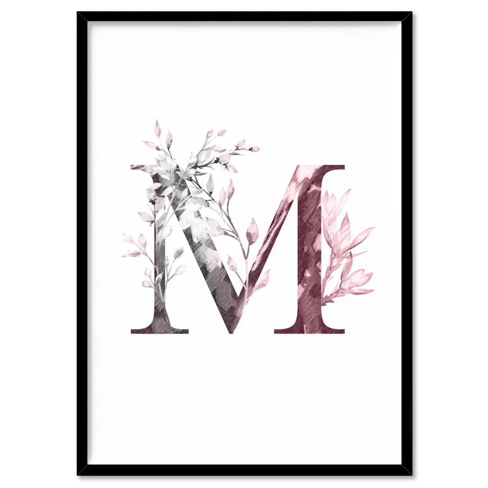 Custom Personalised Floral Watercolour Grey & Blush Initial - Art Print