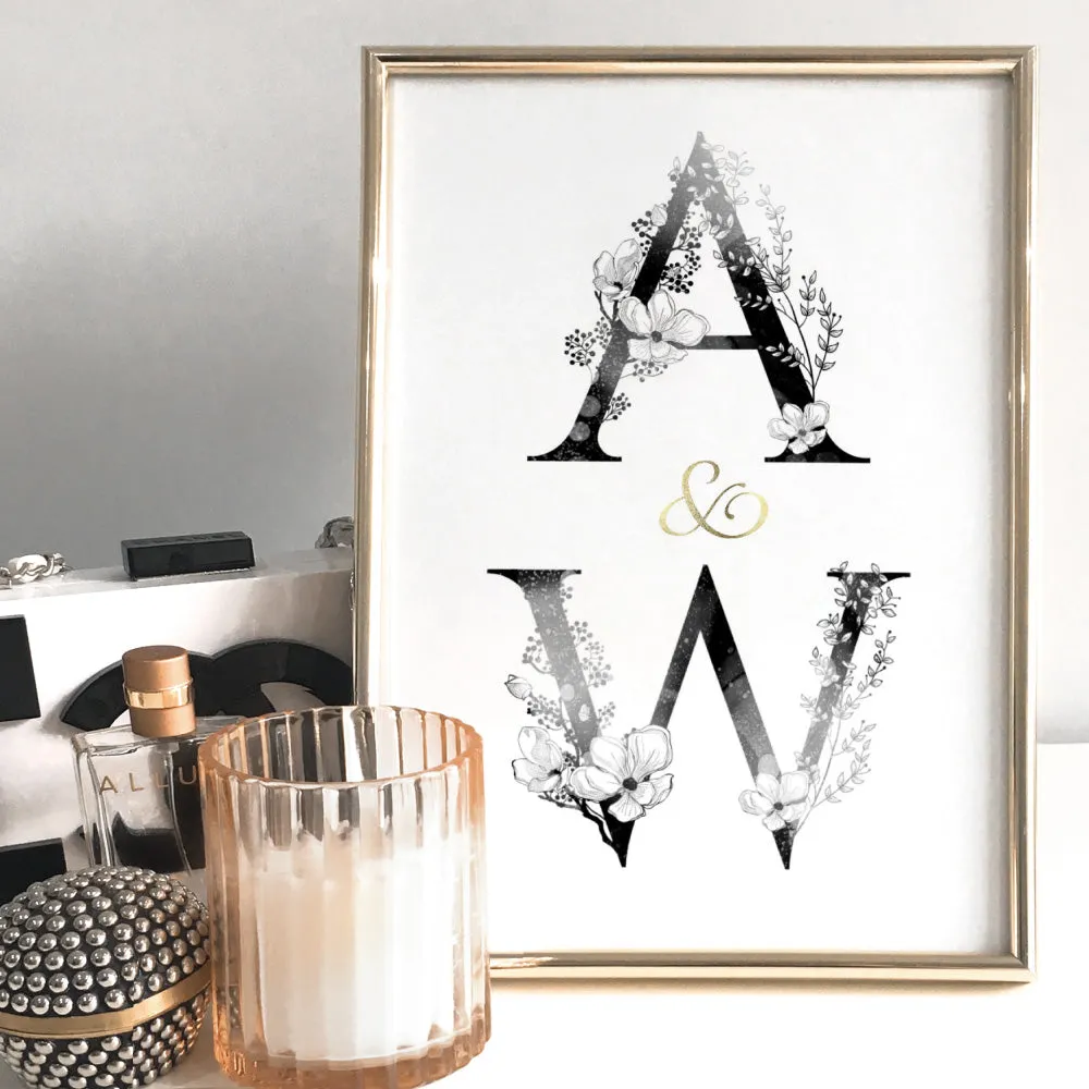 Custom Personalised Floral Watercolour Initials - Art Print