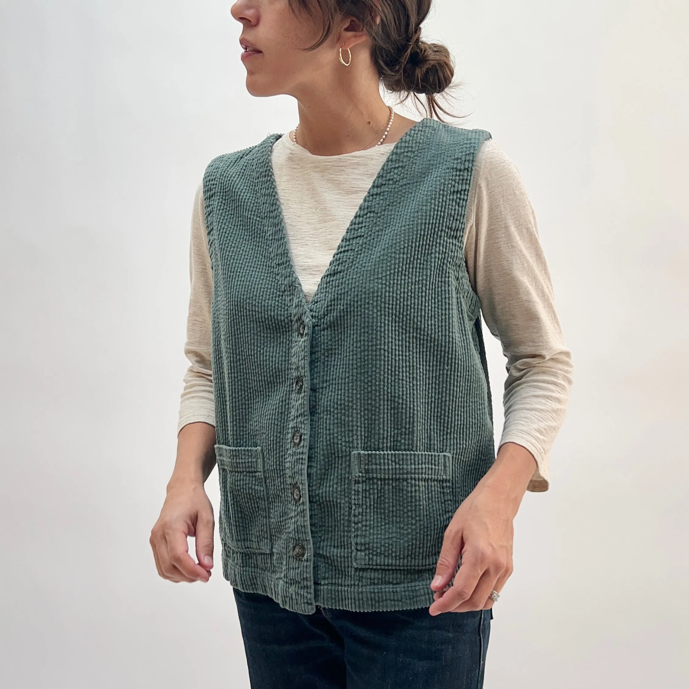 Cut Loose | Lux Corduroy V-Neck Button-Down Vest in Myrtle