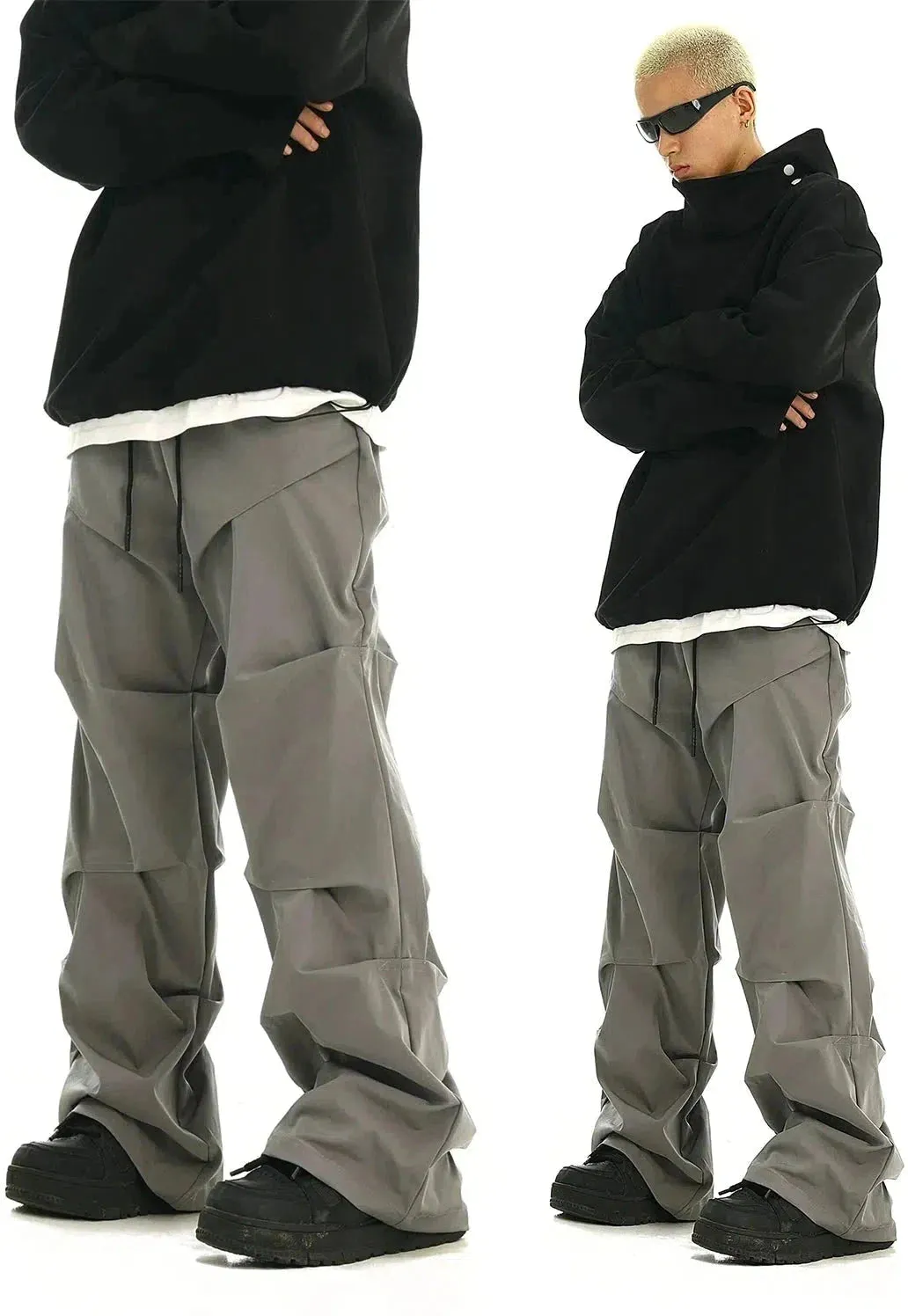 Drawstring Pleated Straight Parachute Pants