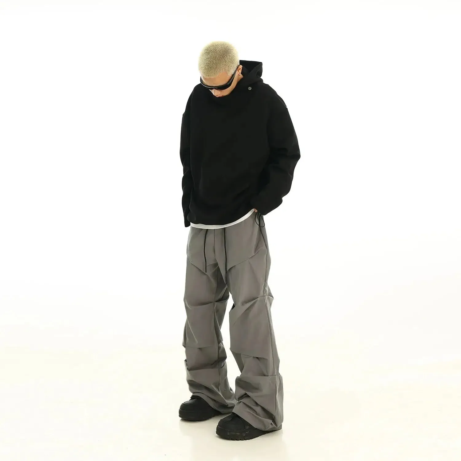 Drawstring Pleated Straight Parachute Pants