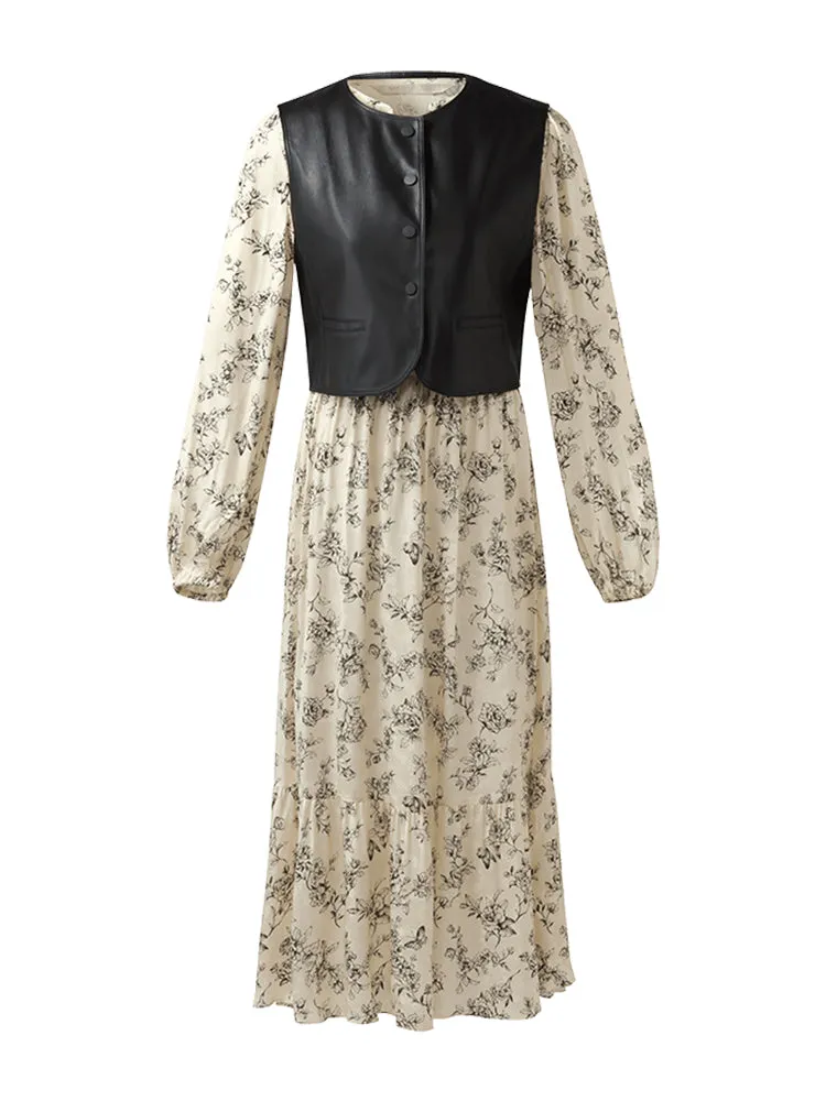 Eco-Friendly Fur Vest And Floral Printed Dress Two-Piece Set