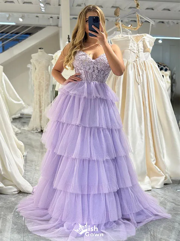 Elegant Lilac A-Line V Neck Spaghetti Straps Ruffles Appliques Long Prom Dresses,Evening Gowns,WGP354