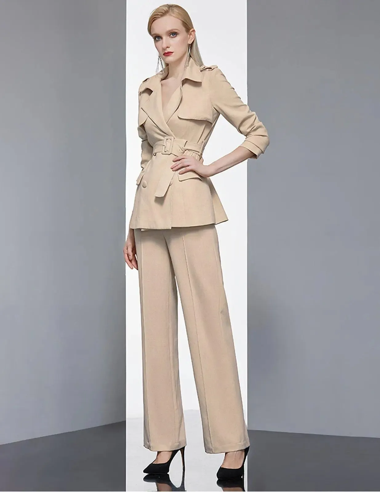 Epaulet Belted Notched Collar Blazer Pantsuit