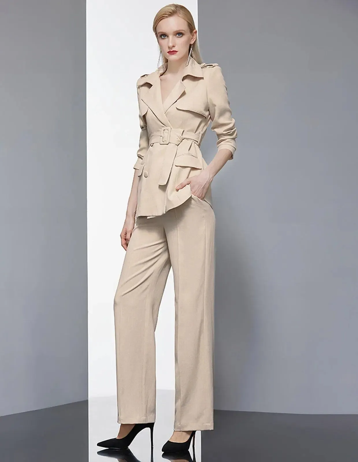 Epaulet Belted Notched Collar Blazer Pantsuit