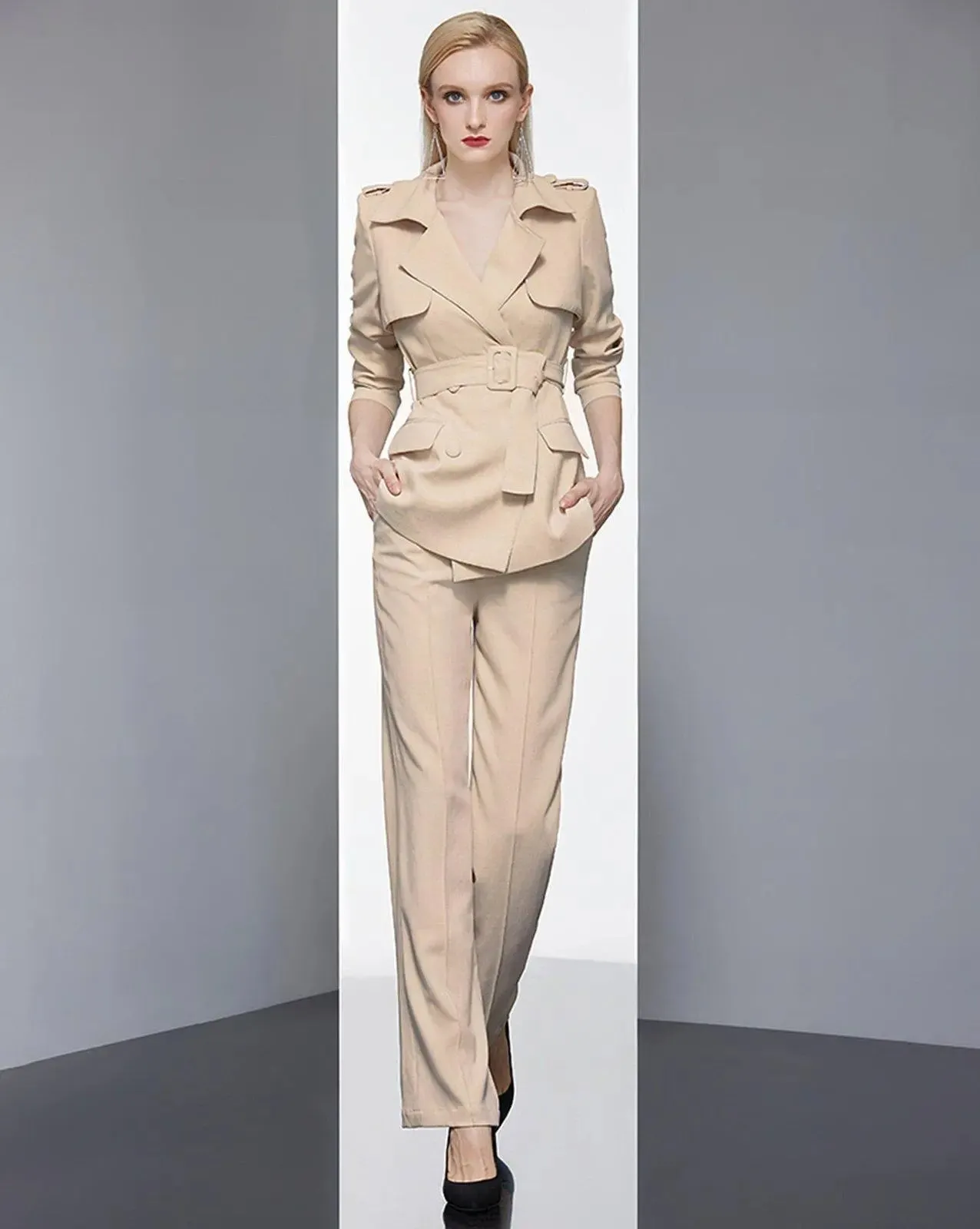 Epaulet Belted Notched Collar Blazer Pantsuit