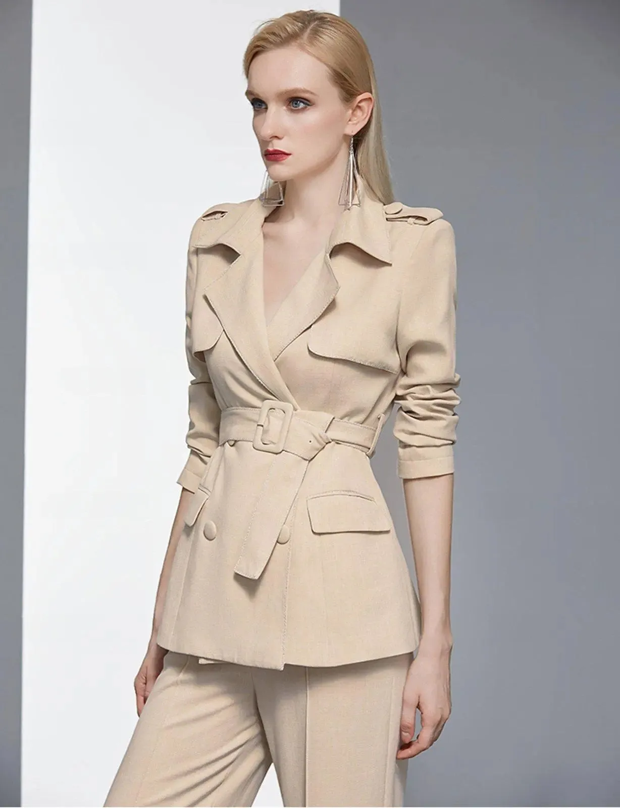 Epaulet Belted Notched Collar Blazer Pantsuit