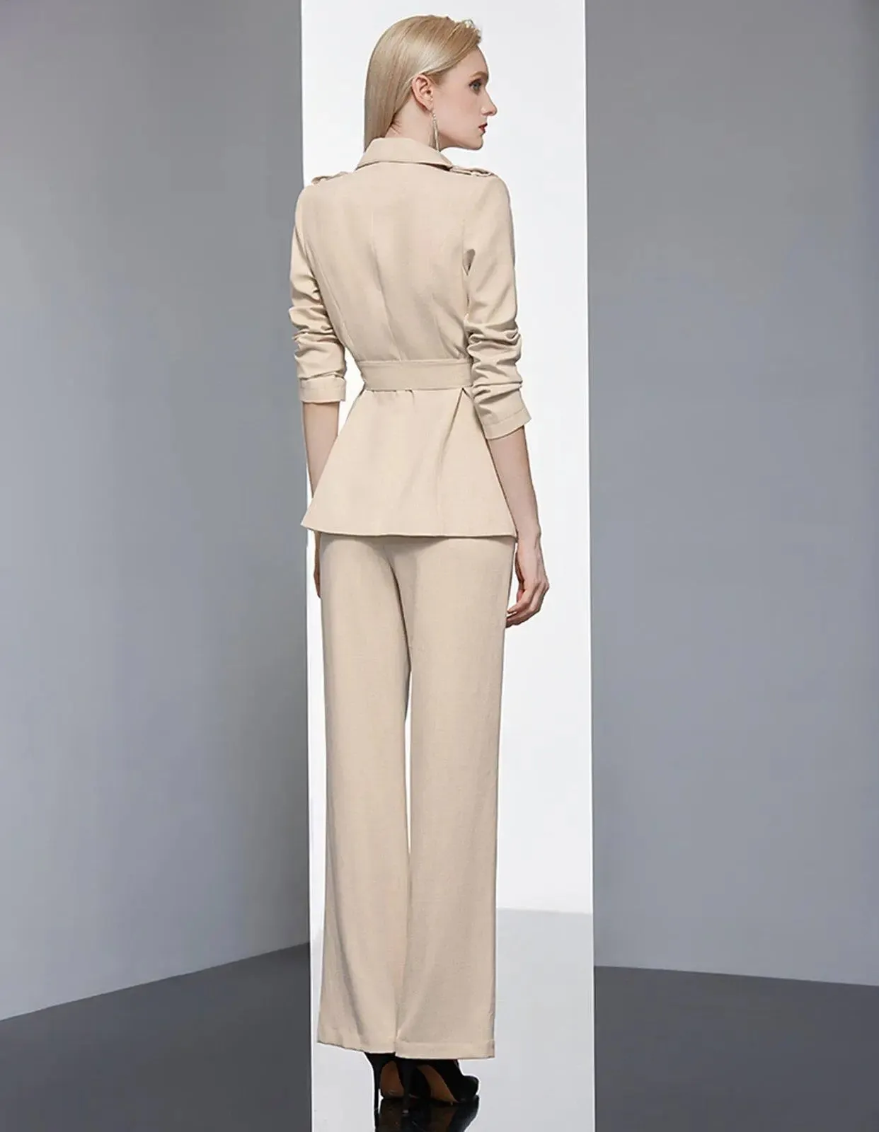 Epaulet Belted Notched Collar Blazer Pantsuit