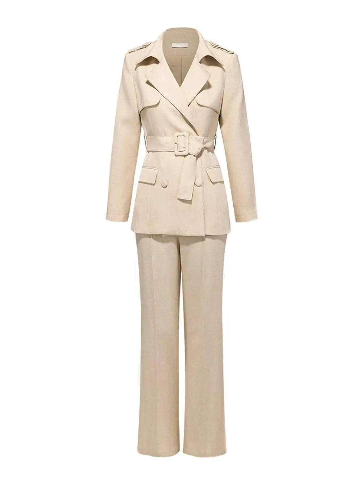 Epaulet Belted Notched Collar Blazer Pantsuit