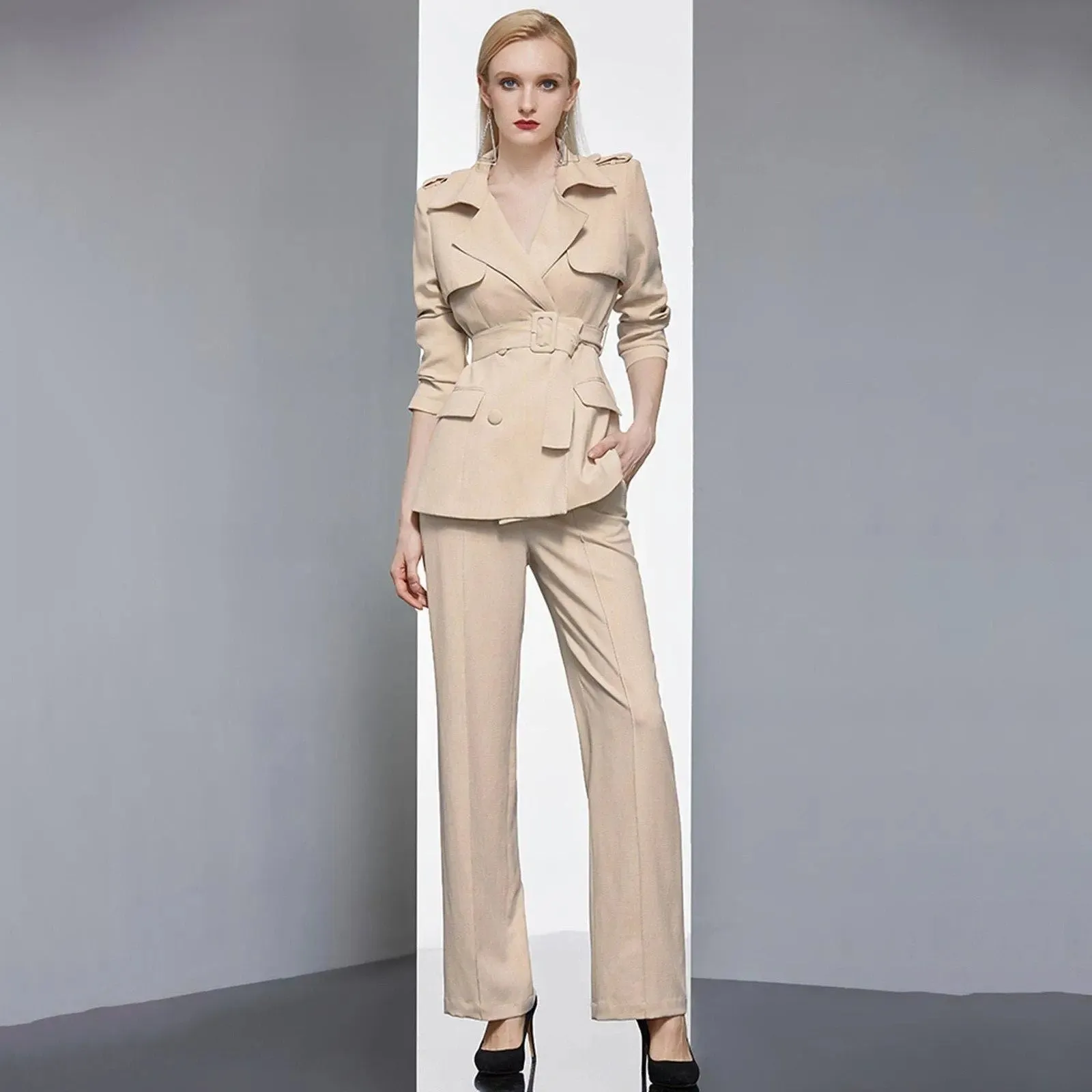 Epaulet Belted Notched Collar Blazer Pantsuit