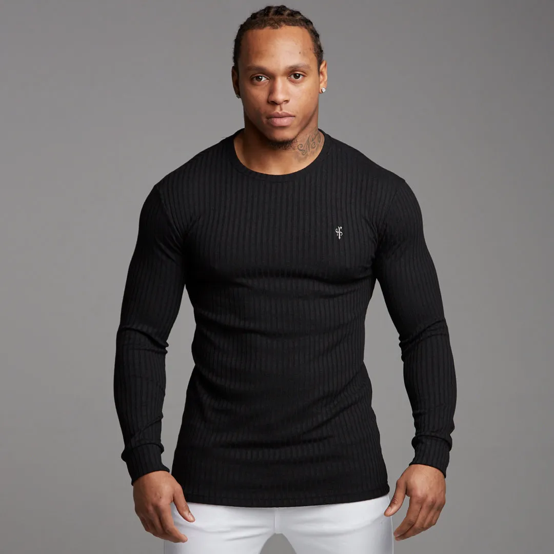 Father Sons Classic Black Ribbed Knit Super Slim Crew - FSH162