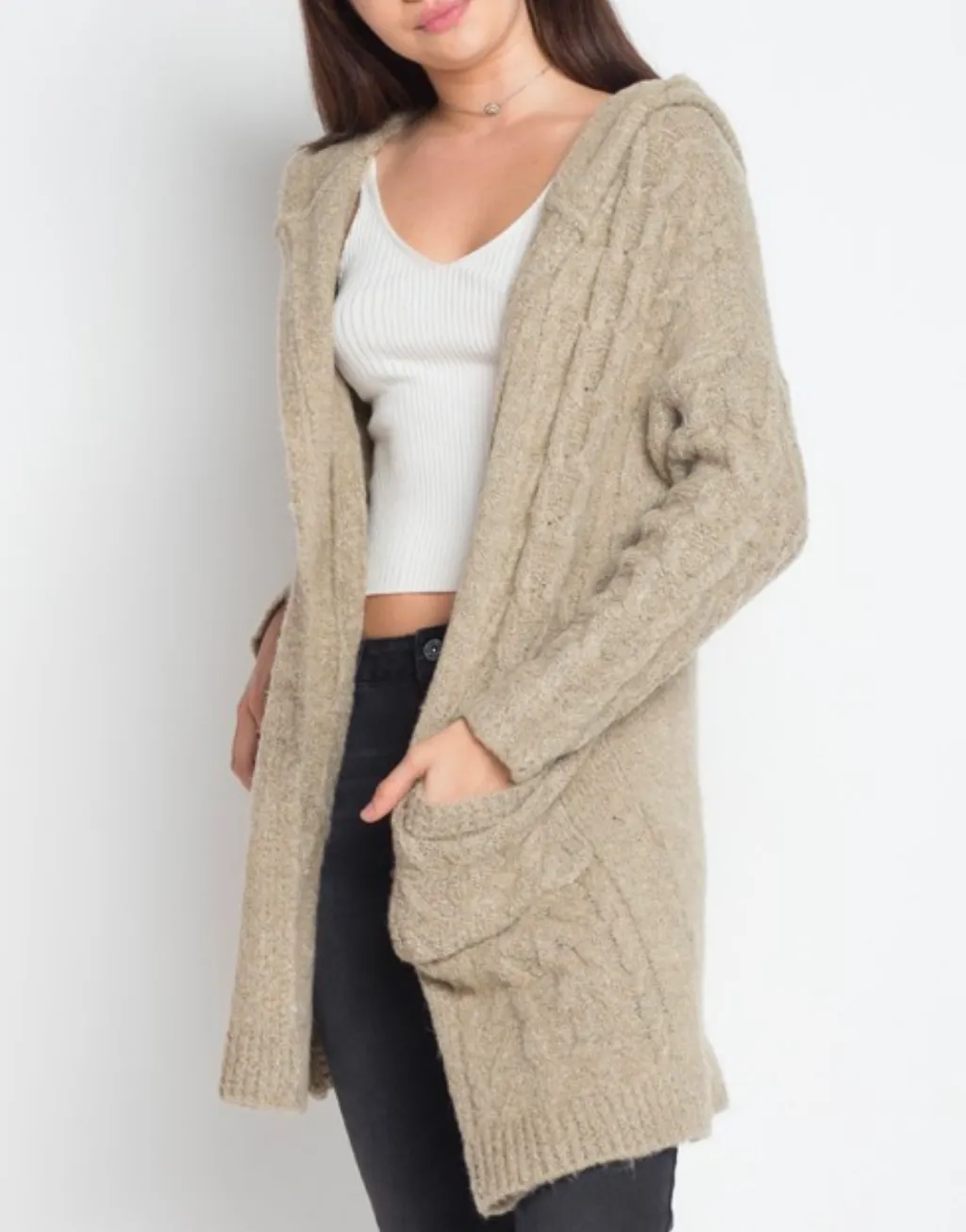 Final Sale - Dreamers - Knit Open Cardigan With Hoodie in Mocha