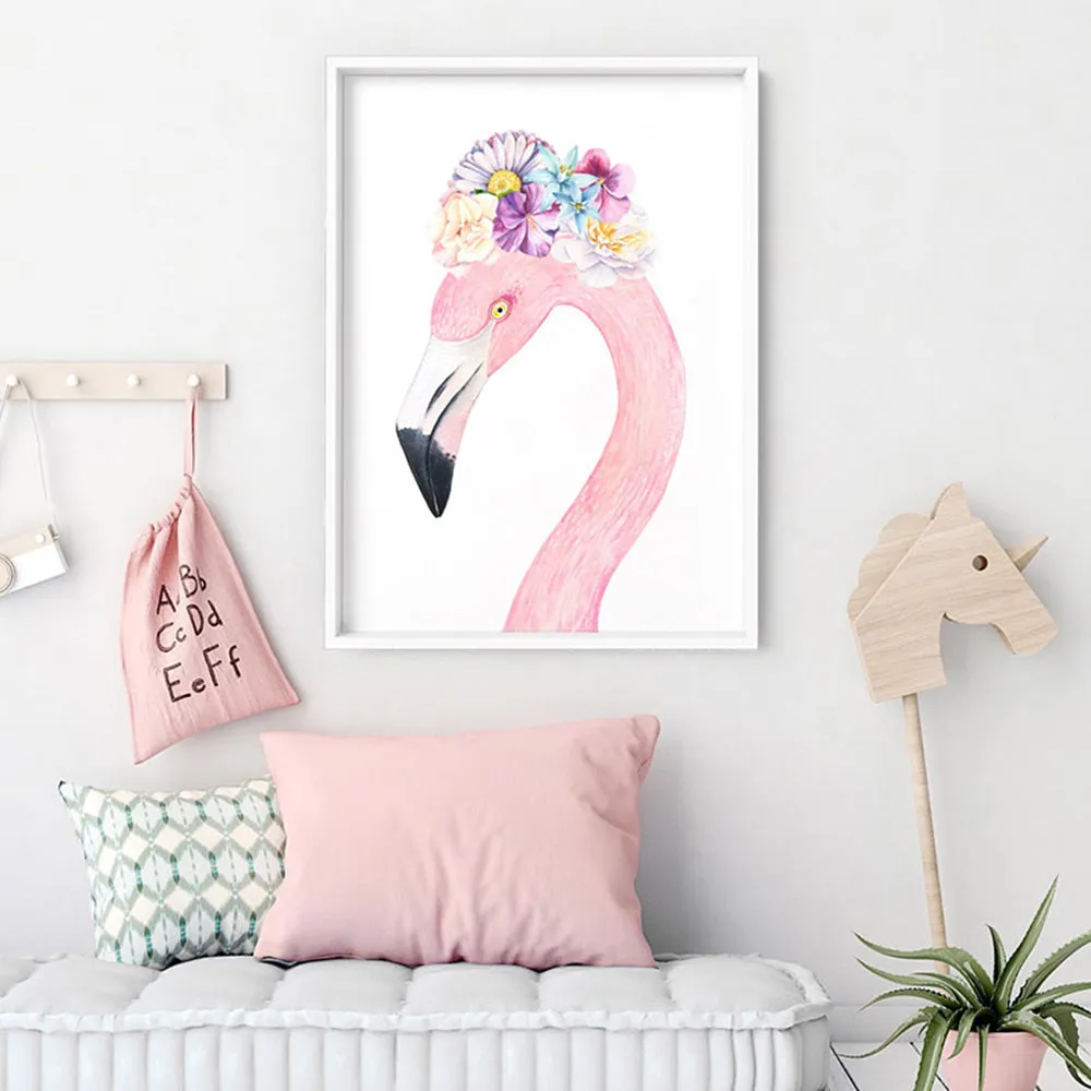 Flamingo in Floral Crown, Watercolours - Art Print