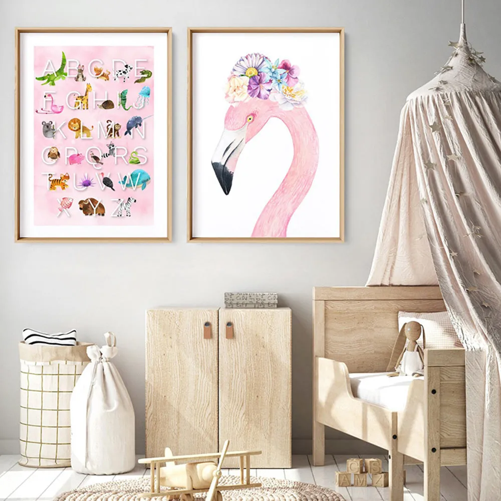 Flamingo in Floral Crown, Watercolours - Art Print