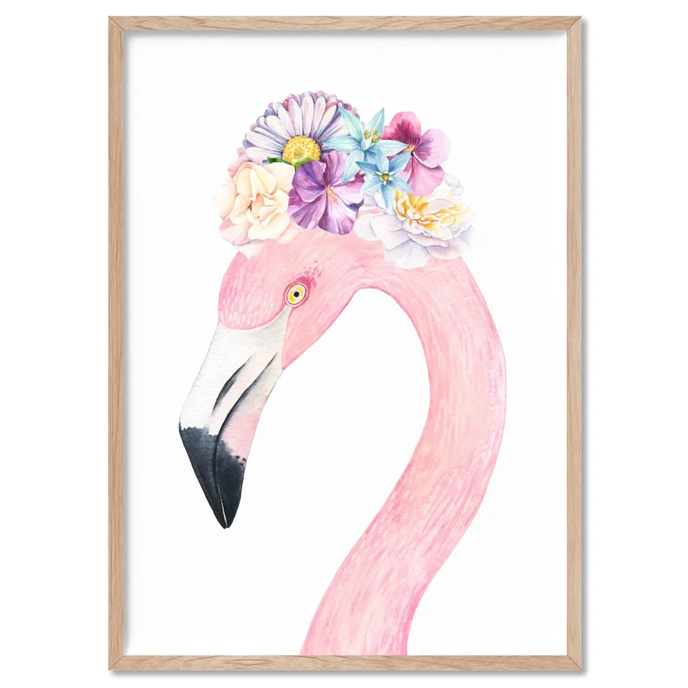 Flamingo in Floral Crown, Watercolours - Art Print