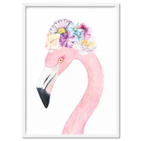 Flamingo in Floral Crown, Watercolours - Art Print