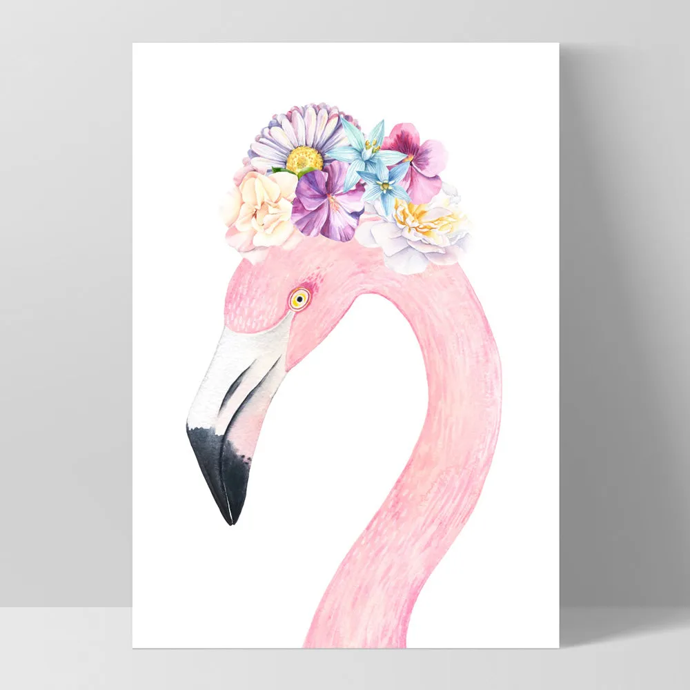 Flamingo in Floral Crown, Watercolours - Art Print