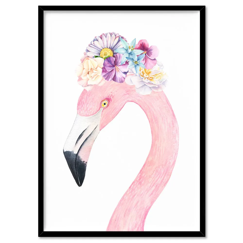 Flamingo in Floral Crown, Watercolours - Art Print