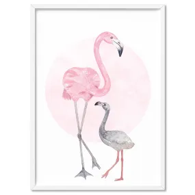 Flamingo Mother & Baby in Watercolours - Art Print