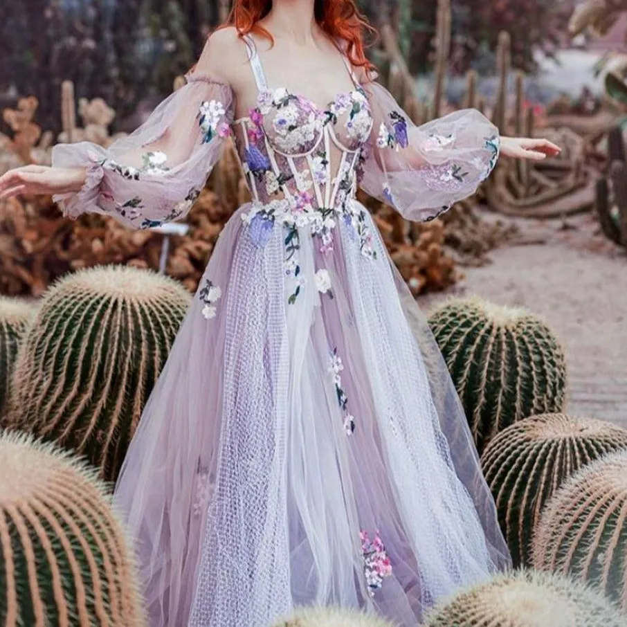 Floral Chic Puffy Tulle Evening Dress