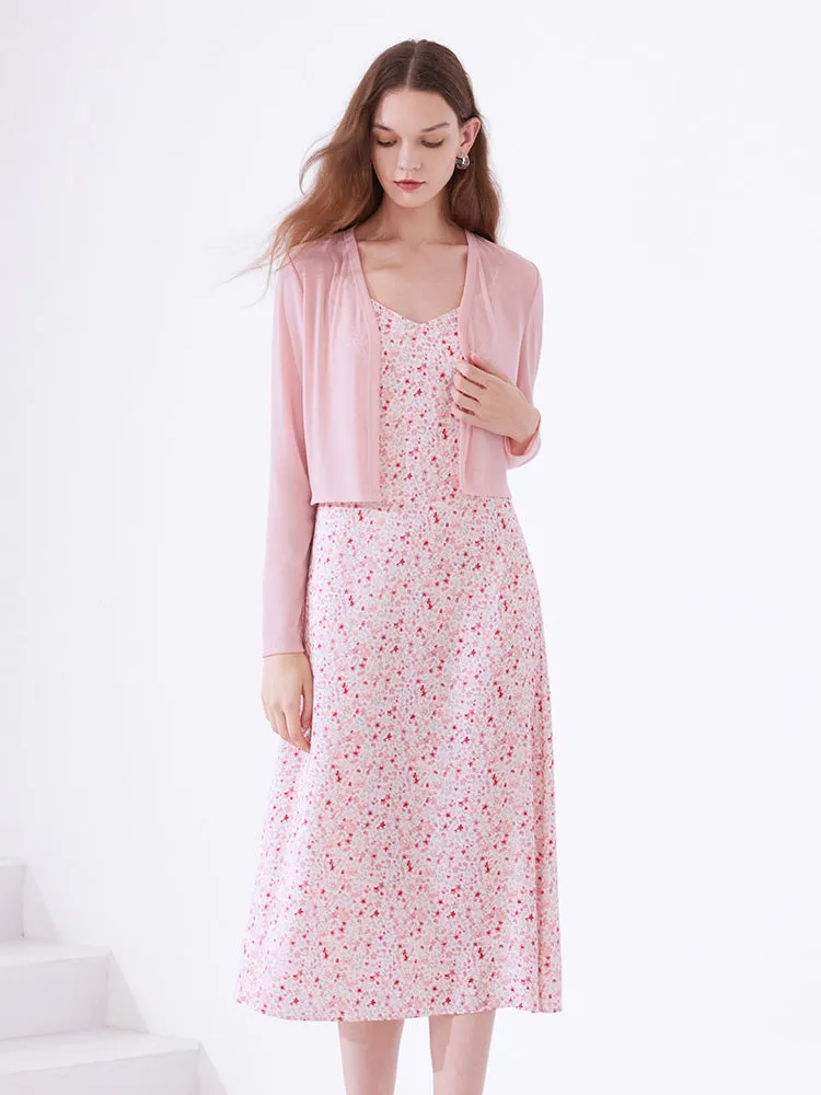 Floral Spaghetti Strap Dress With Knitted Cardigan Two-Piece Set