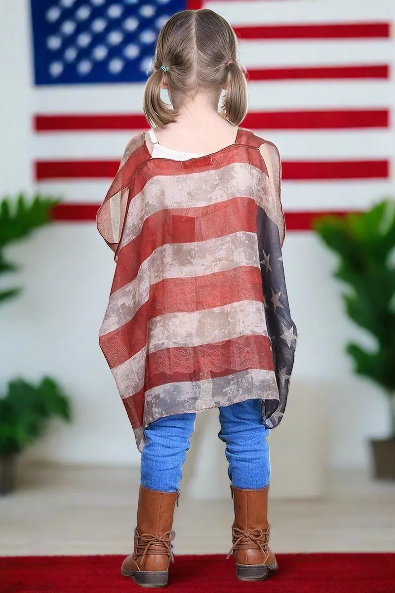 Girls American Flag Patriotic Kimono, Kids 4th of July Vest, Sizes 6/8/10/12, Red/White/Blue