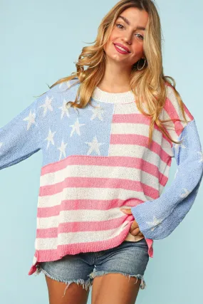 Haptics Stars & Stripe Long Sleeve High Low Oversized Top