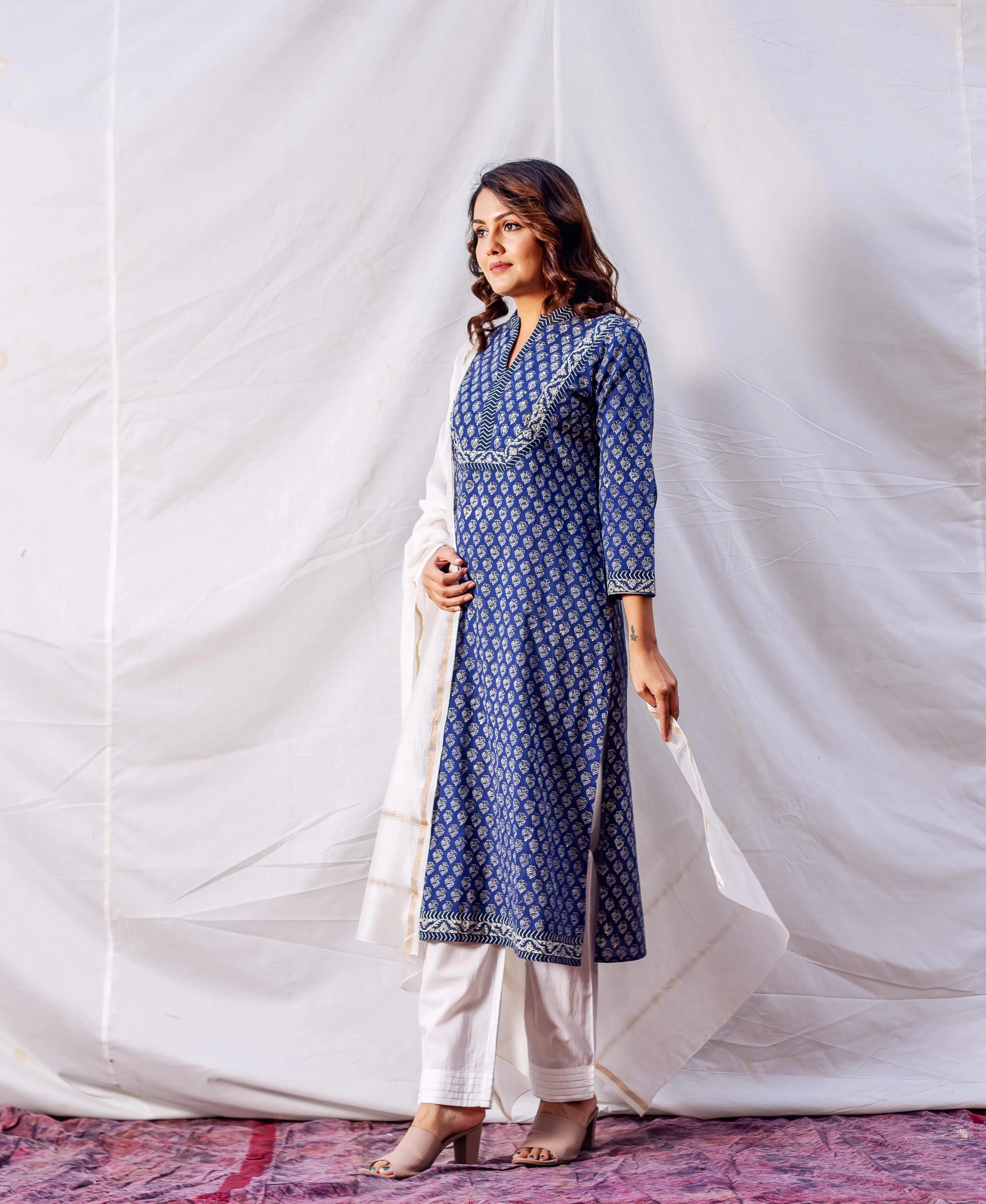 Indigo Hand Block Printed & Embroidered Straight Kurta