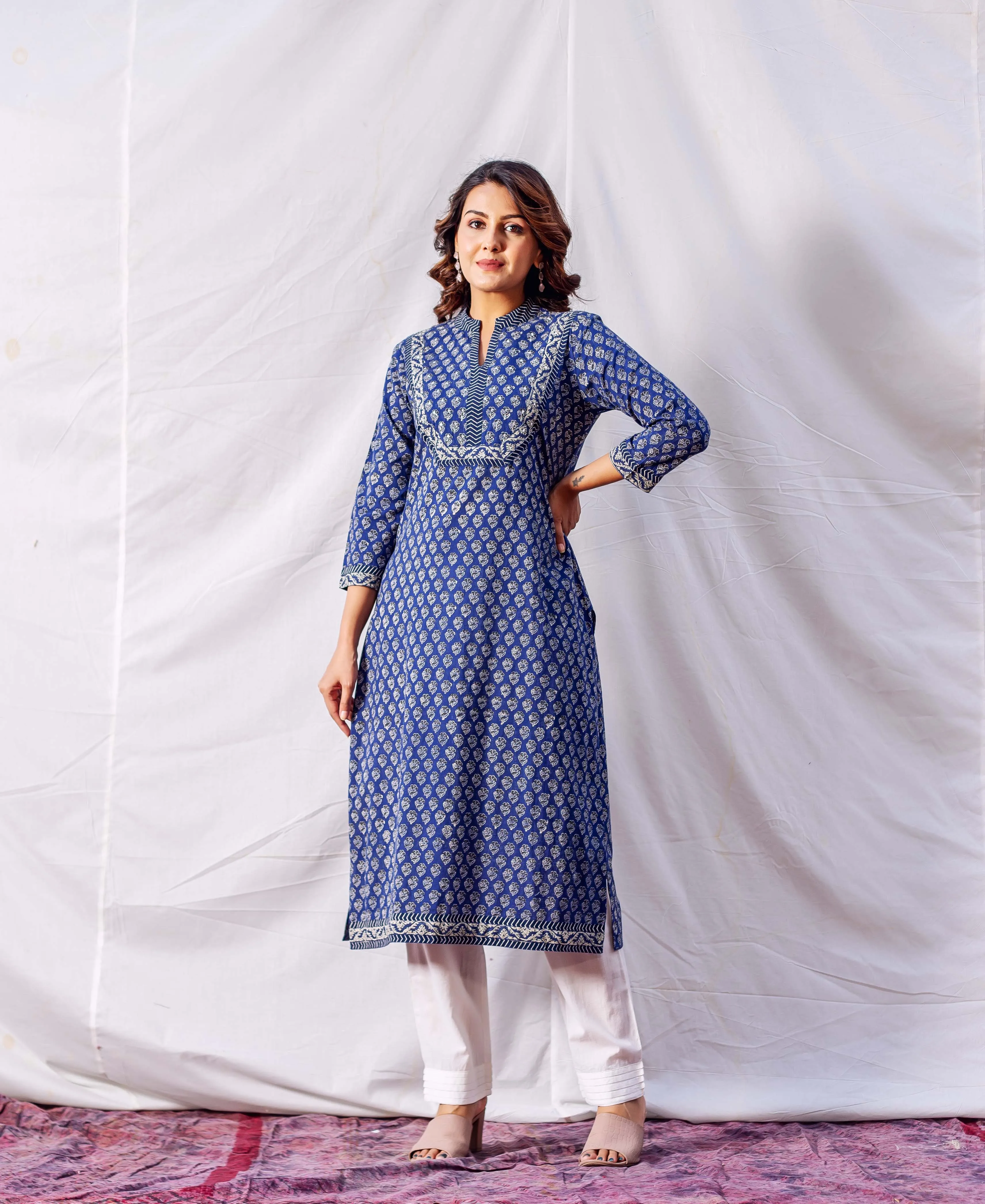 Indigo Hand Block Printed & Embroidered Straight Kurta