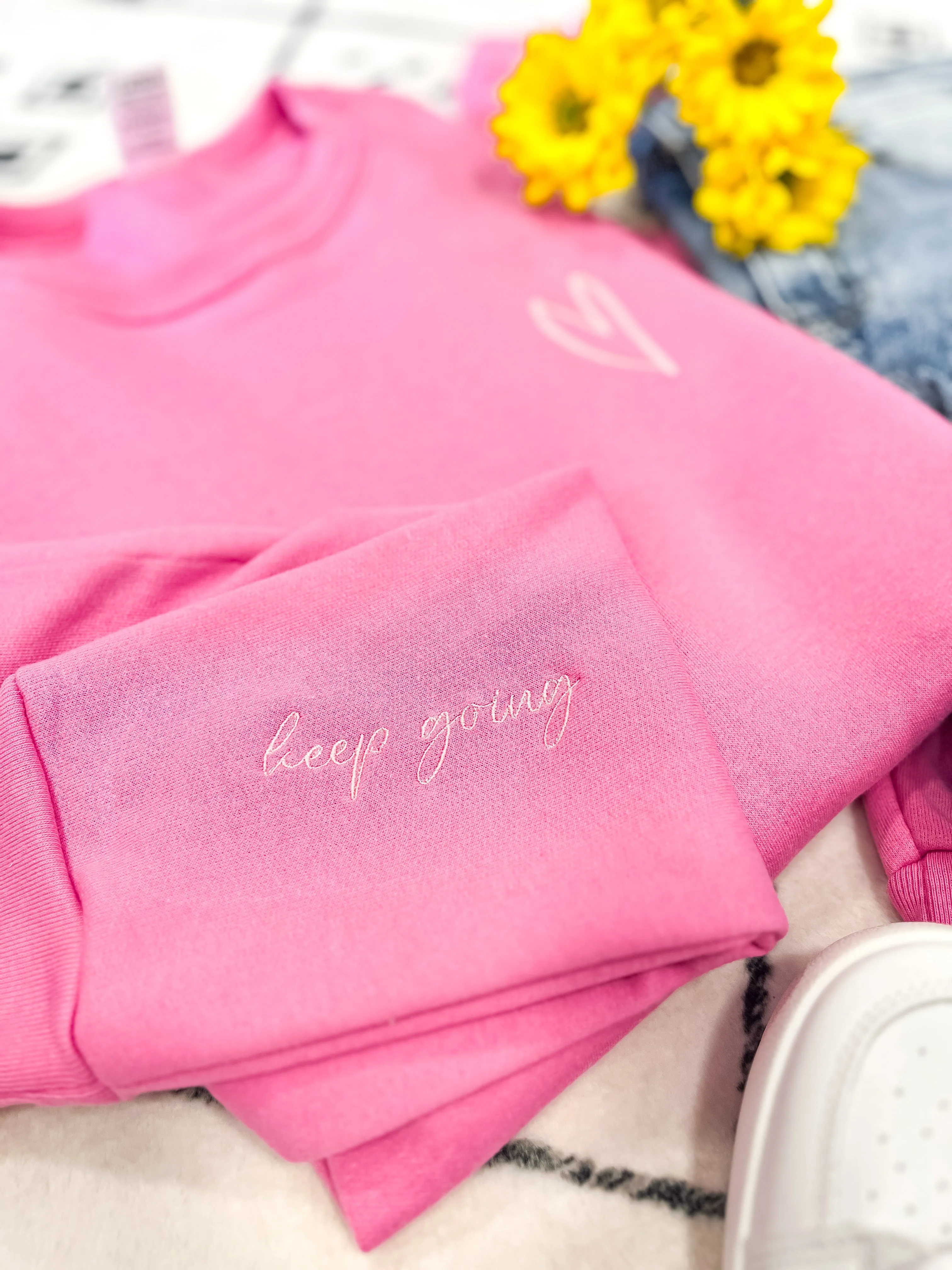 Keep Going Embroidered Signature Crew Neck Sweater - Candy Pink