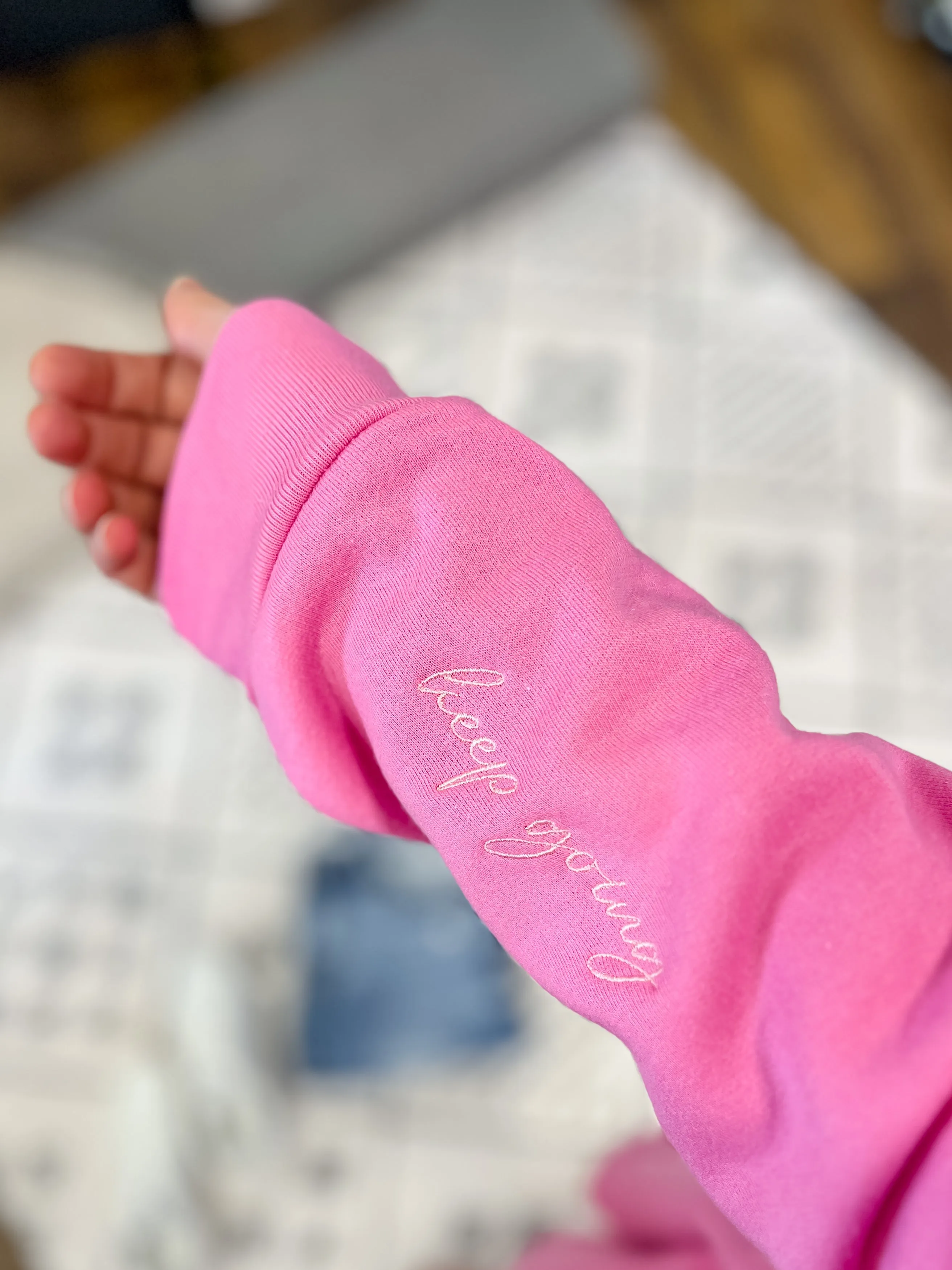 Keep Going Embroidered Signature Crew Neck Sweater - Candy Pink