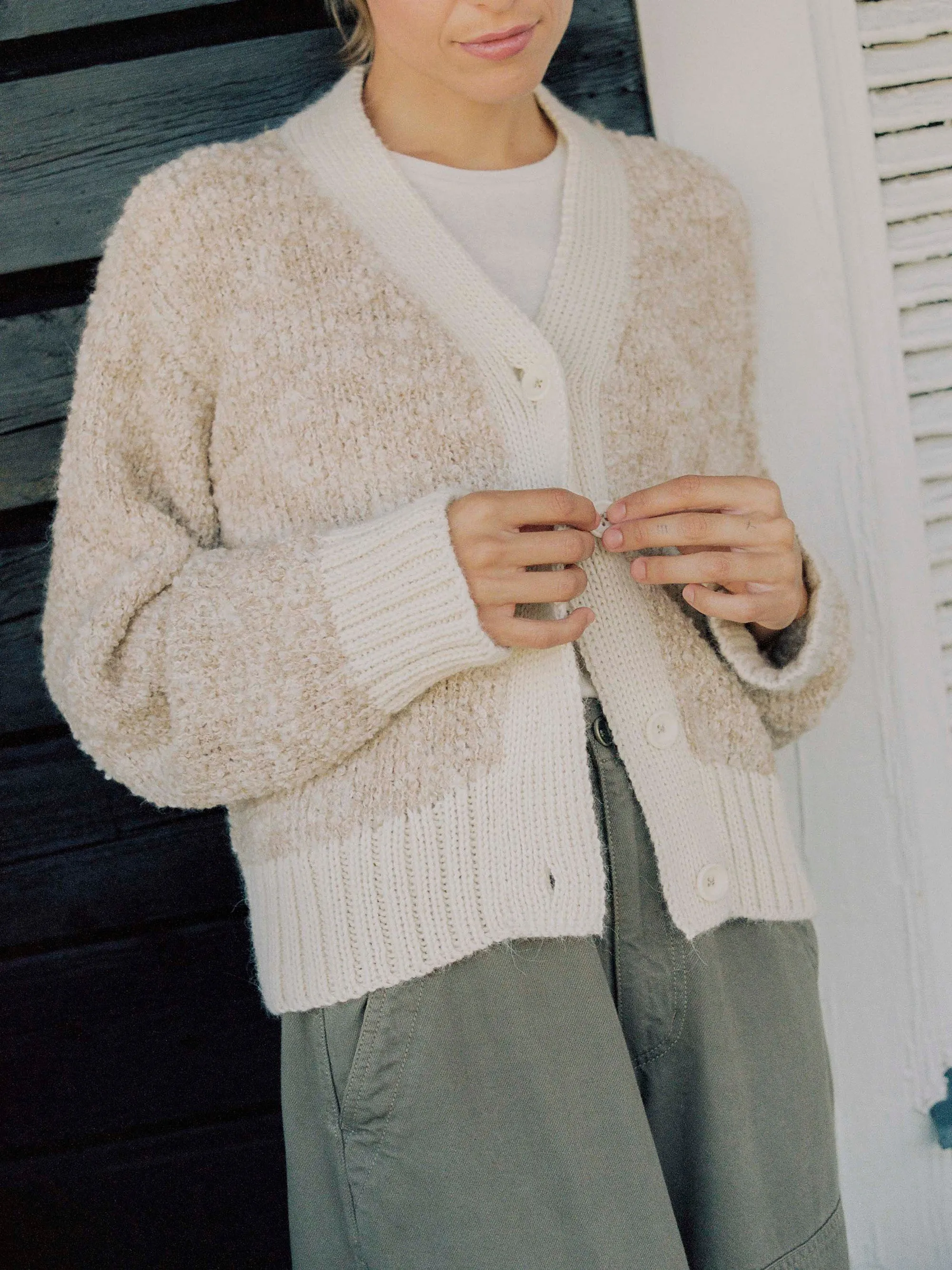 Leo Cardigan, Eco-Alpaca Cotton, Tan Marled