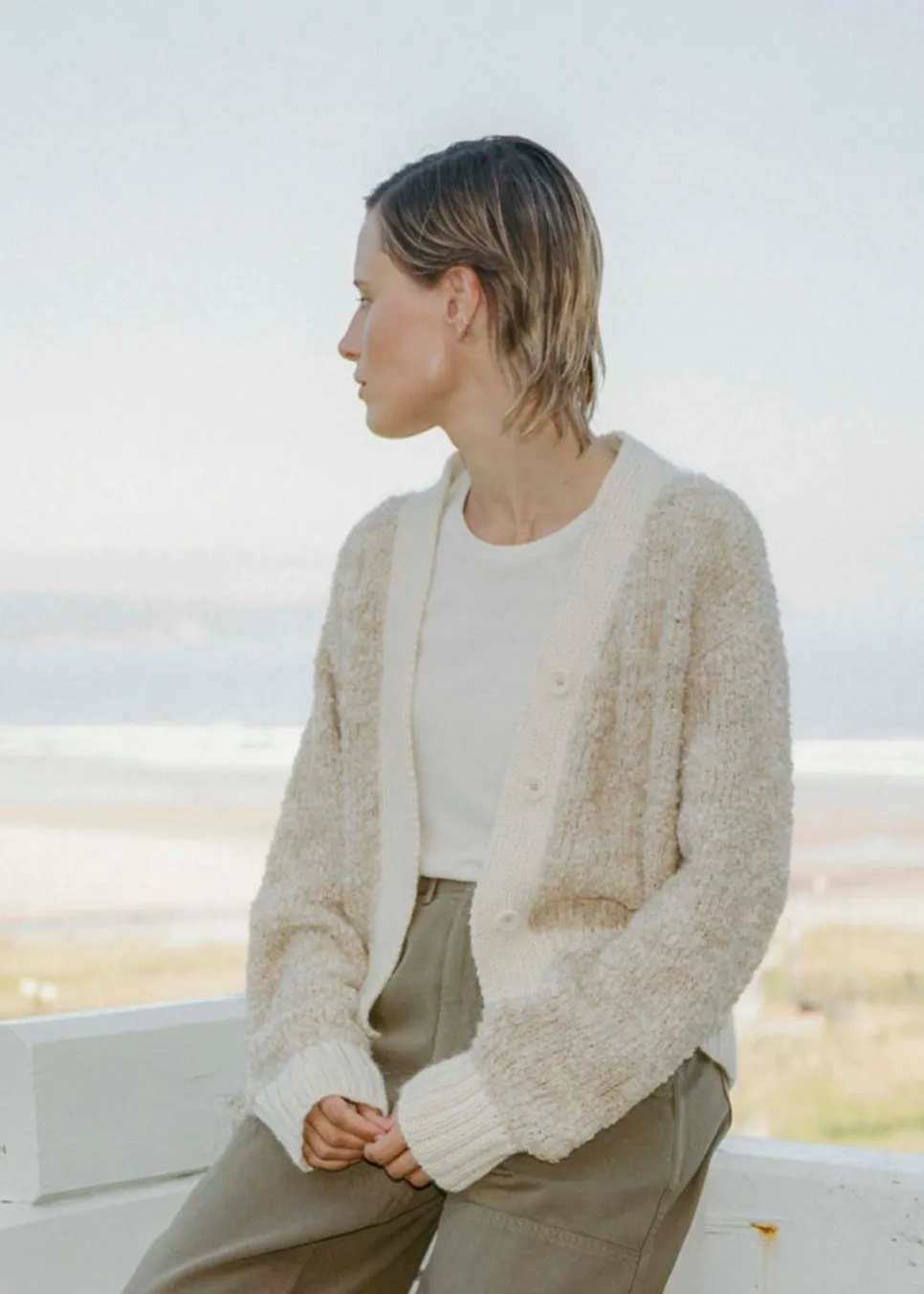 Leo Cardigan, Eco-Alpaca Cotton, Tan Marled