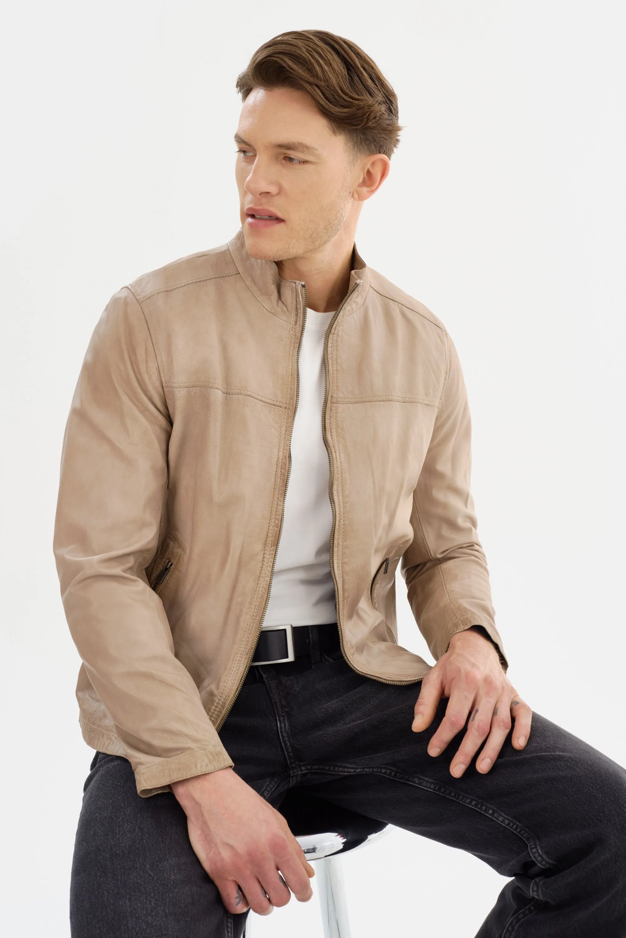 Lucio Leather Jacket- Stone