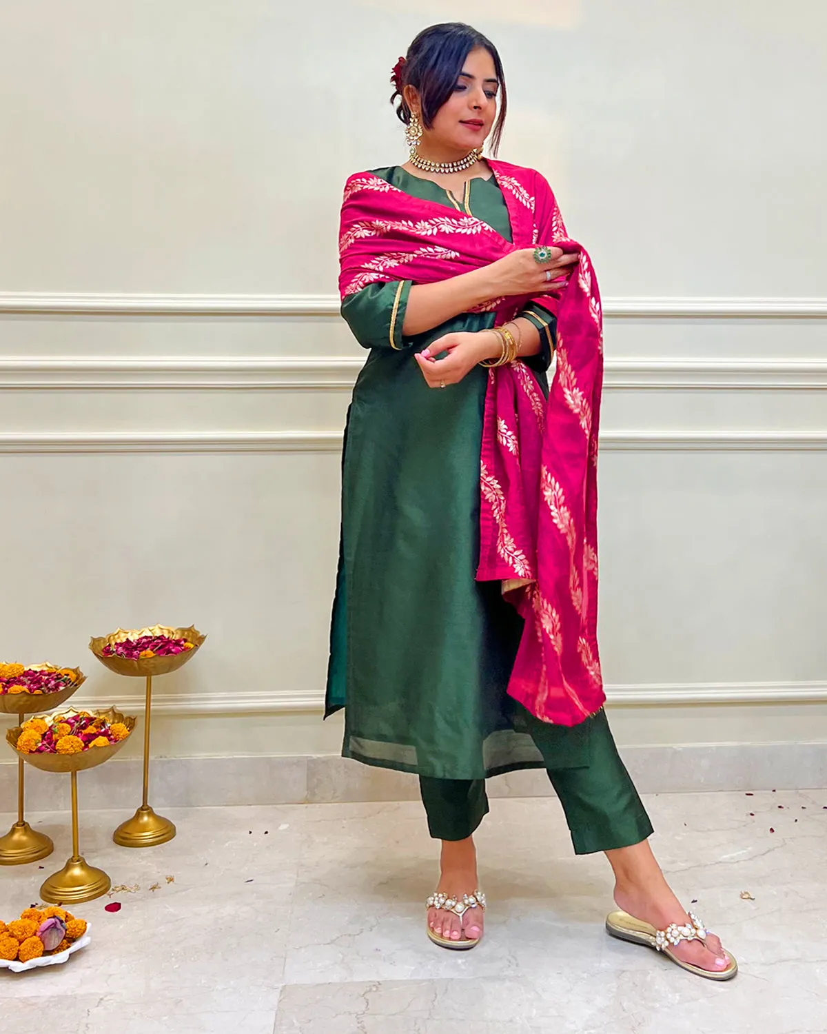 Meher Silk Straight Kurta, Pants & Dupatta