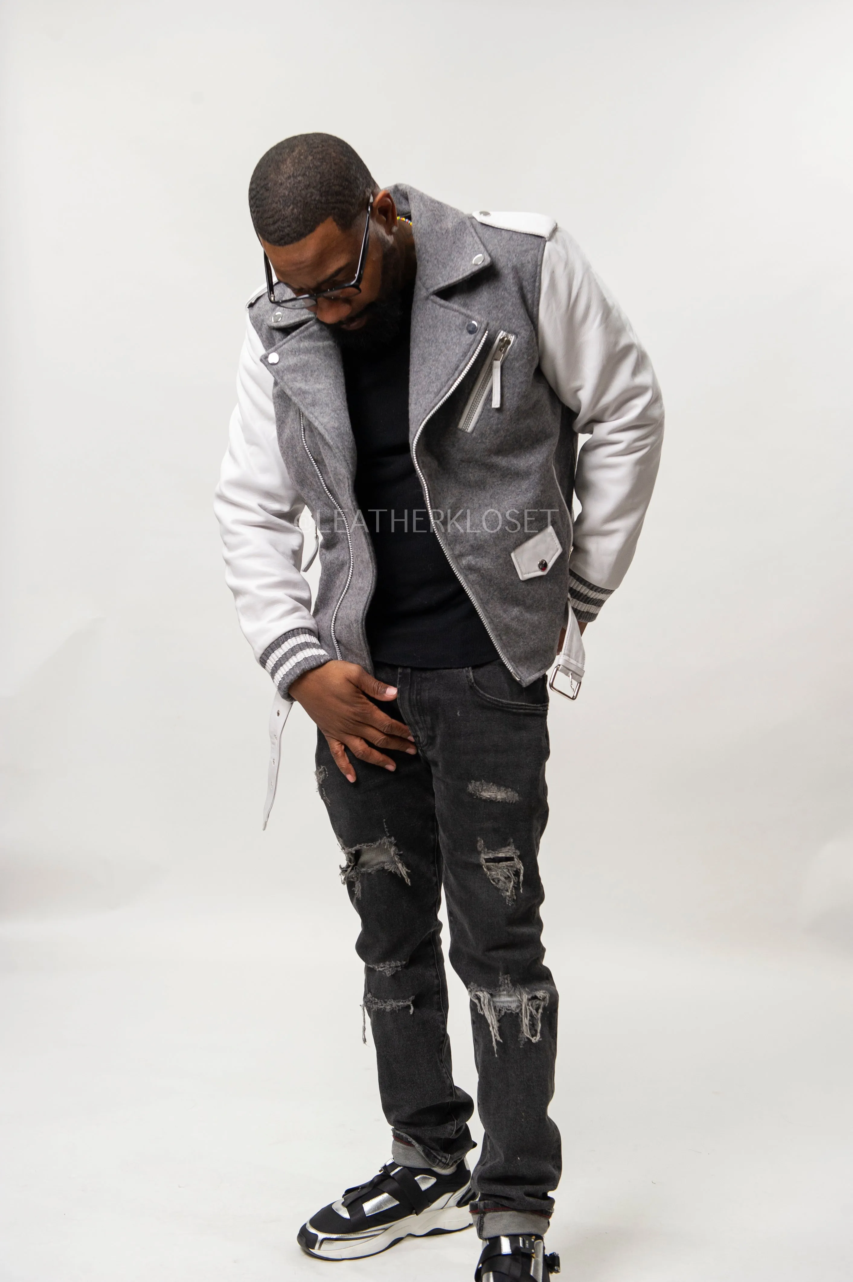 Men's Classic Wool And Leather Biker Jacket [Gray/White]