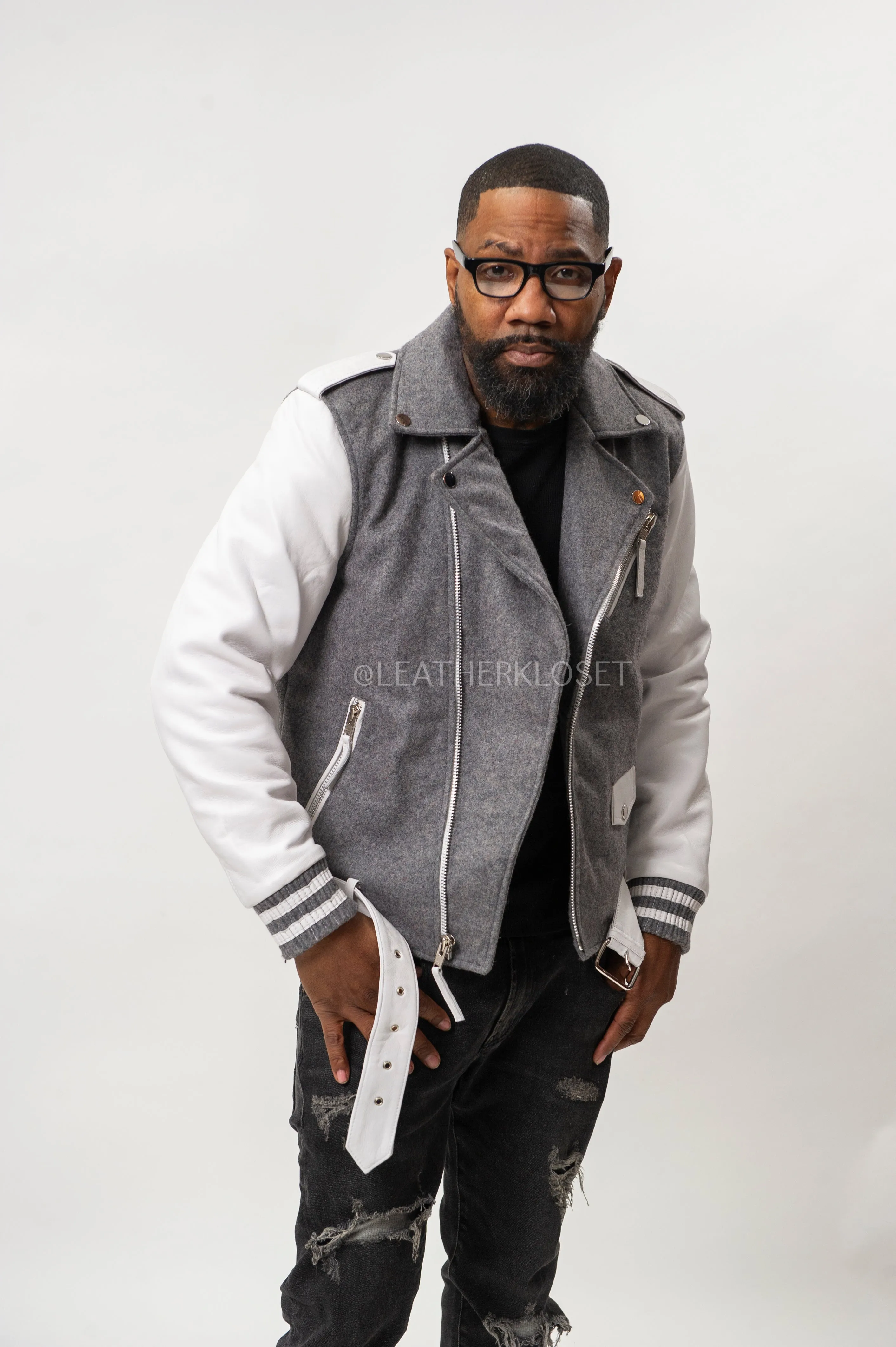 Men's Classic Wool And Leather Biker Jacket [Gray/White]