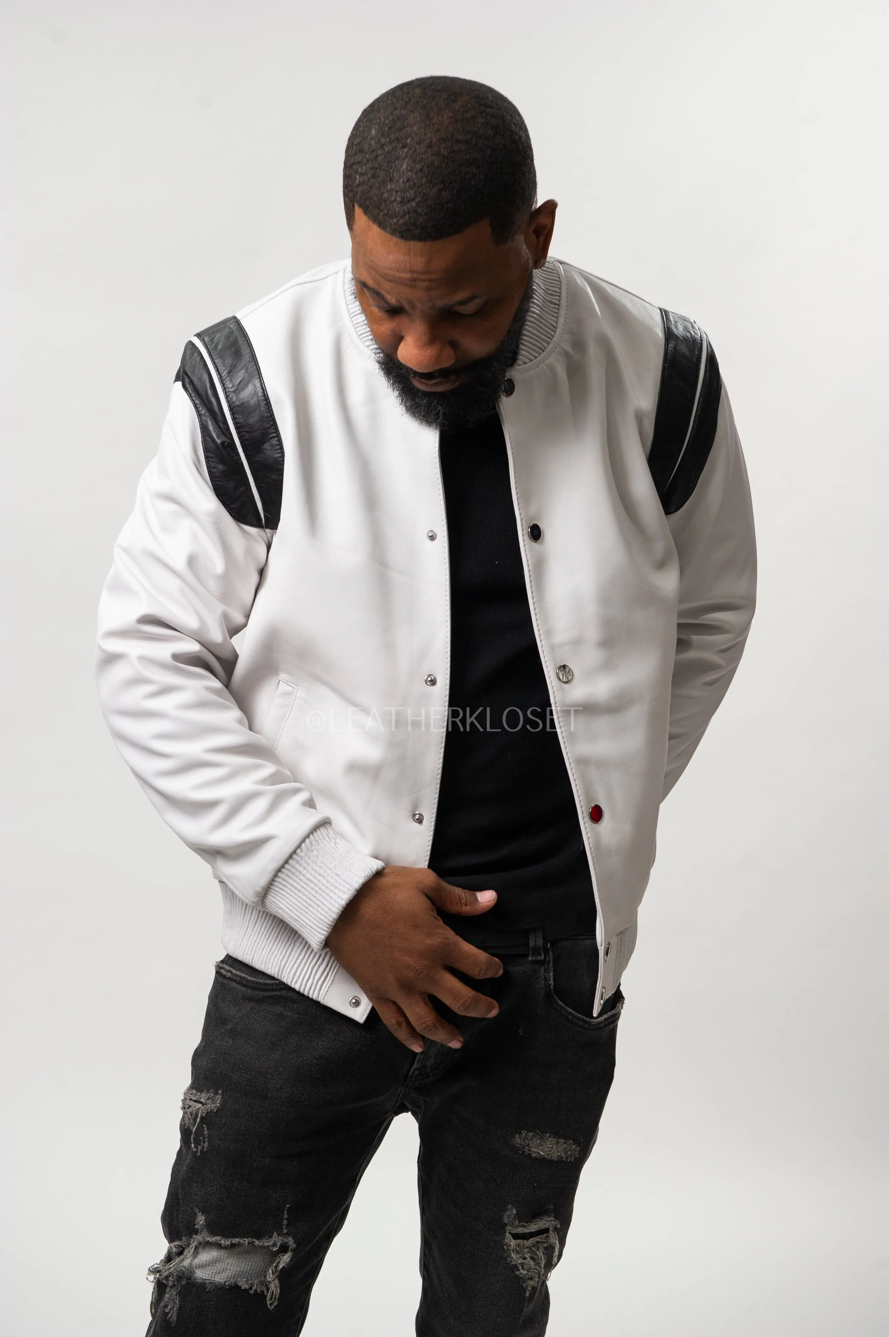 Men's Liam All-Leather Varsity Jacket [White/Black]