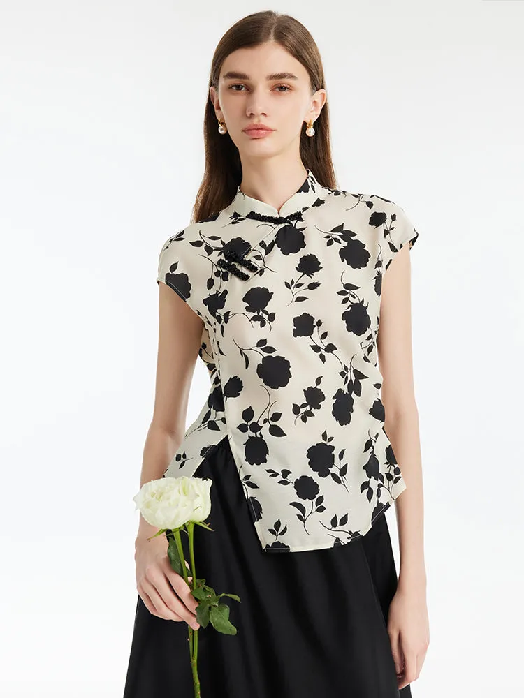 New Chinese-Style Acetate Rose Printed Top And Skirt Two-Piece Set