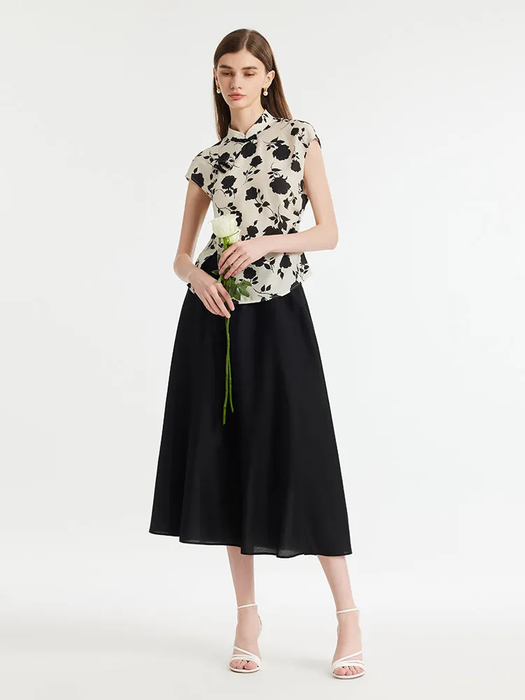 New Chinese-Style Acetate Rose Printed Top And Skirt Two-Piece Set