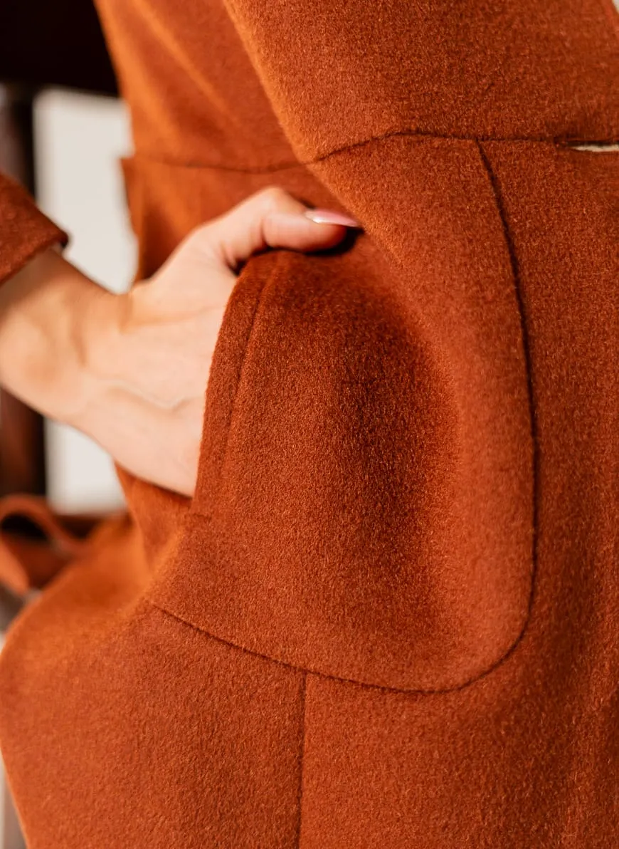 Plain-Rust Brown, Wool Blend Fleece, Women's Long Coat