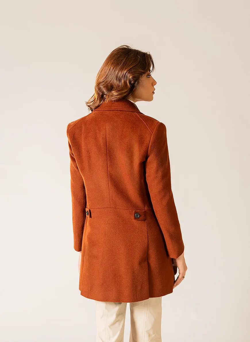 Plain-Rust Brown, Wool Blend Fleece, Women's Long Coat