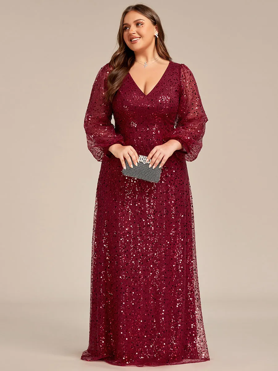 Plus Elegant waisted chiffon V-neck long sleeve Wholesale guest dress