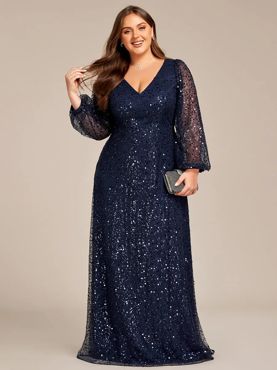 Plus Elegant waisted chiffon V-neck long sleeve Wholesale guest dress