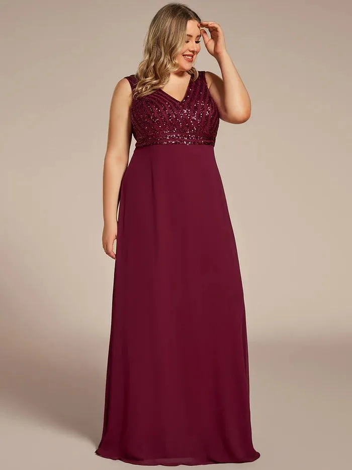 Plus-Sleeveless VNeck Sequin & Chiffon Evening Dress