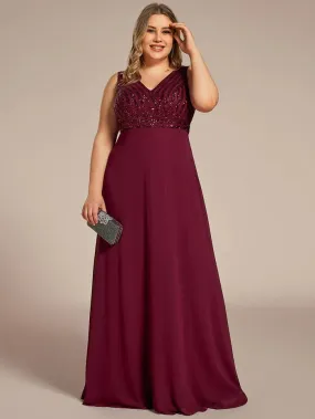 Plus-Sleeveless VNeck Sequin & Chiffon Evening Dress