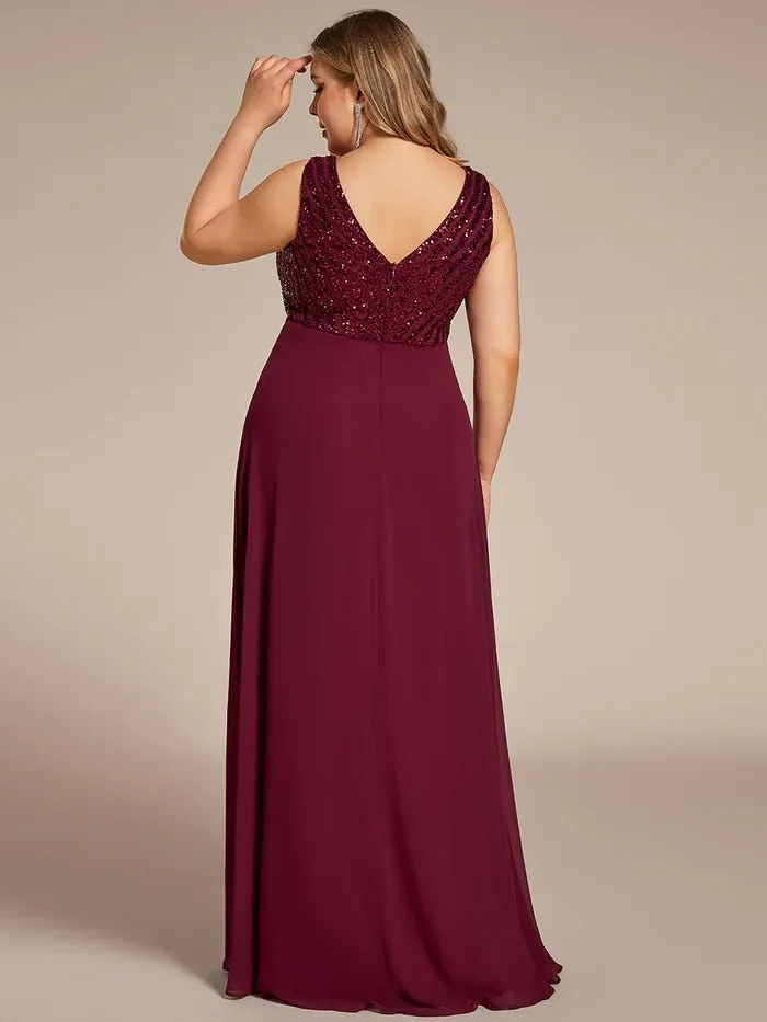 Plus-Sleeveless VNeck Sequin & Chiffon Evening Dress