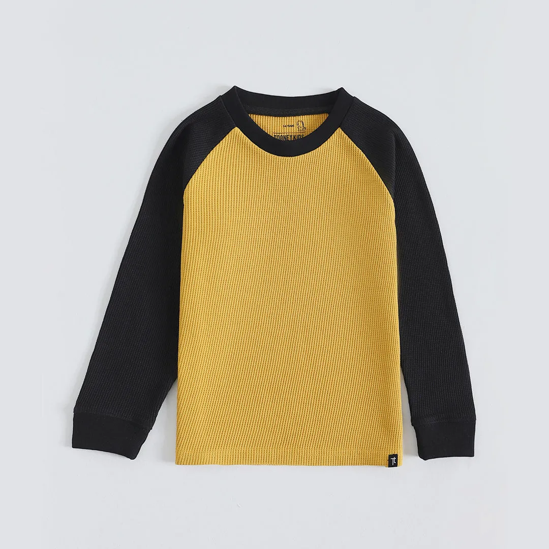 Raglan Waffle Knit Kids Mustard/Black