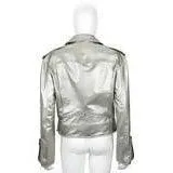 RALPH LAUREN Silver Leather Belted Motorcycle Jacket | Size US 10