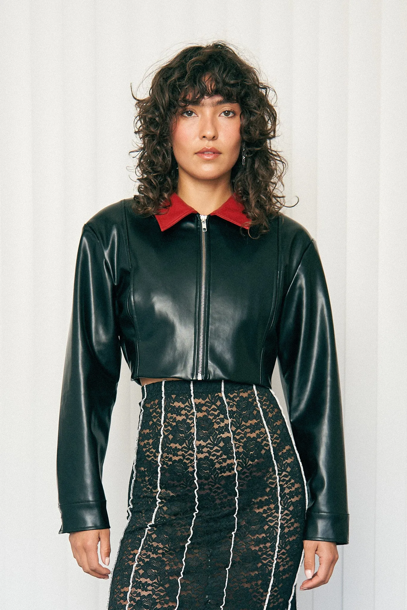 Red Collar Plant Leather Crop Jacket